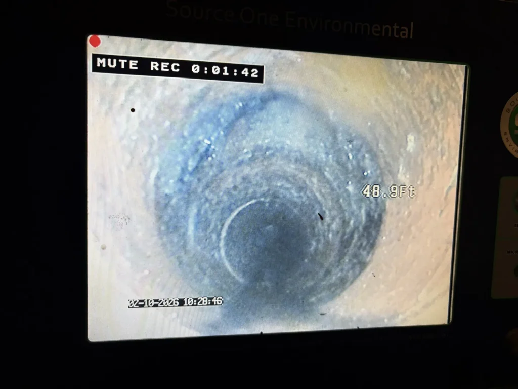 Sewer camera inspection footage showing the interior of a damaged pipe during a sewer line assessment in Southeastern Massachusetts