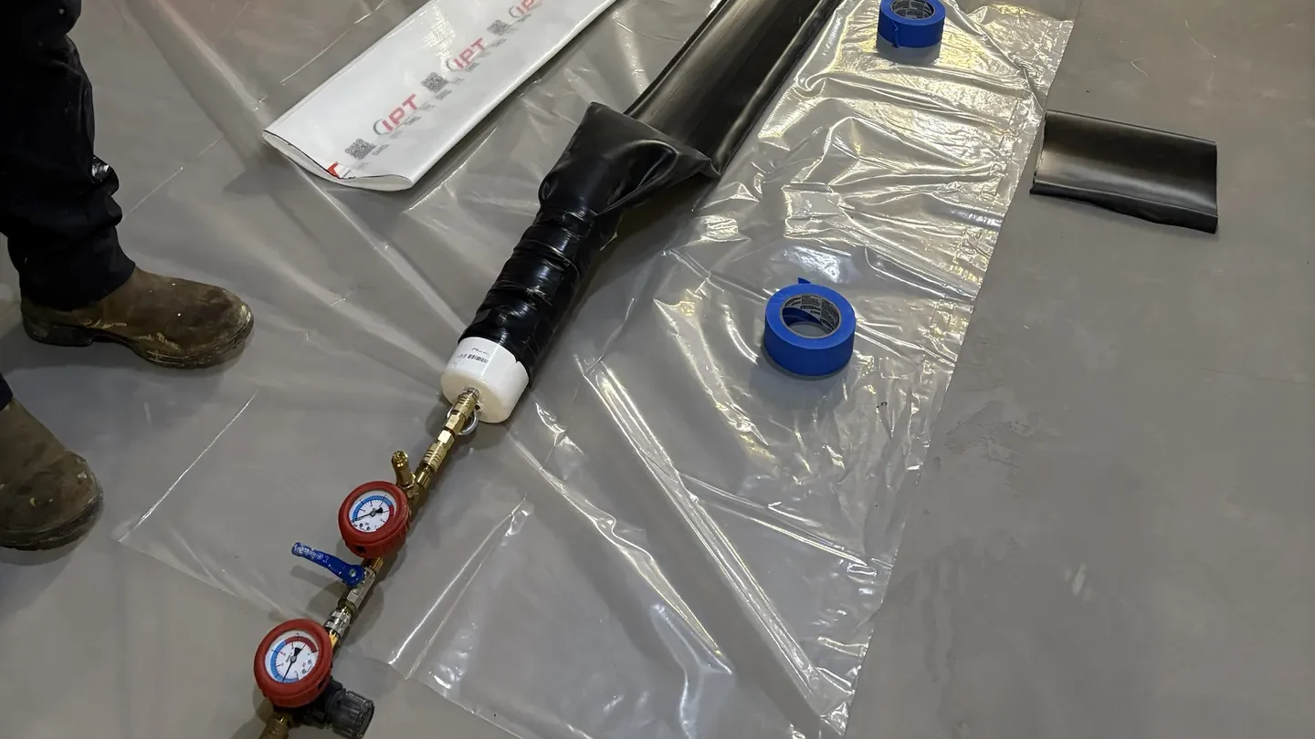 Sewer pipe liner prepared for installation during a trenchless CIPP repair job in Massachusetts 