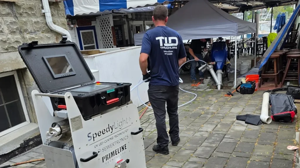 TID Trenchless technician operating pipe lining equipment during a commercial sewer line repair in Massachusetts
