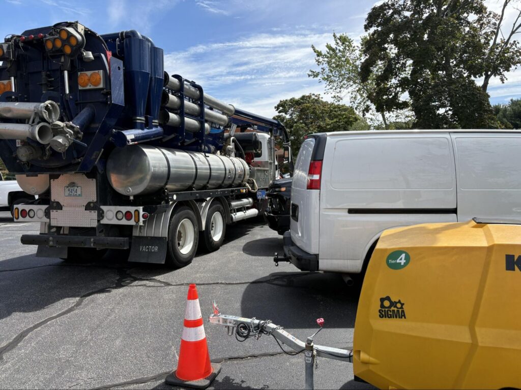 TID hydro jetting truck on a commercial sewer cleaning job in Southeastern Massachusetts