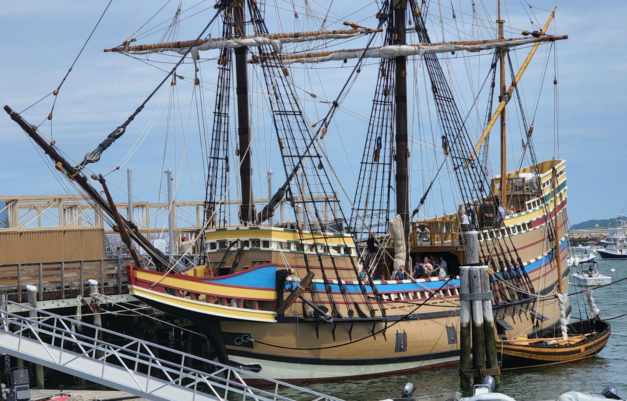 The Mayflower II docked in Plymouth Harbor, MA, where TID Trenchless provides drain cleaning.