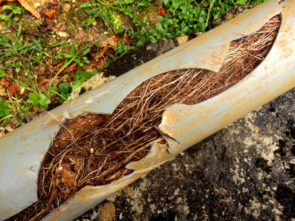 Tree roots filling a cracked sewer pipe, a common cause of main sewer line clogs