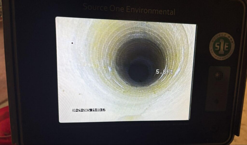 Sewer camera view inside a drain line during a drain cleaning service in Brookline, MA.