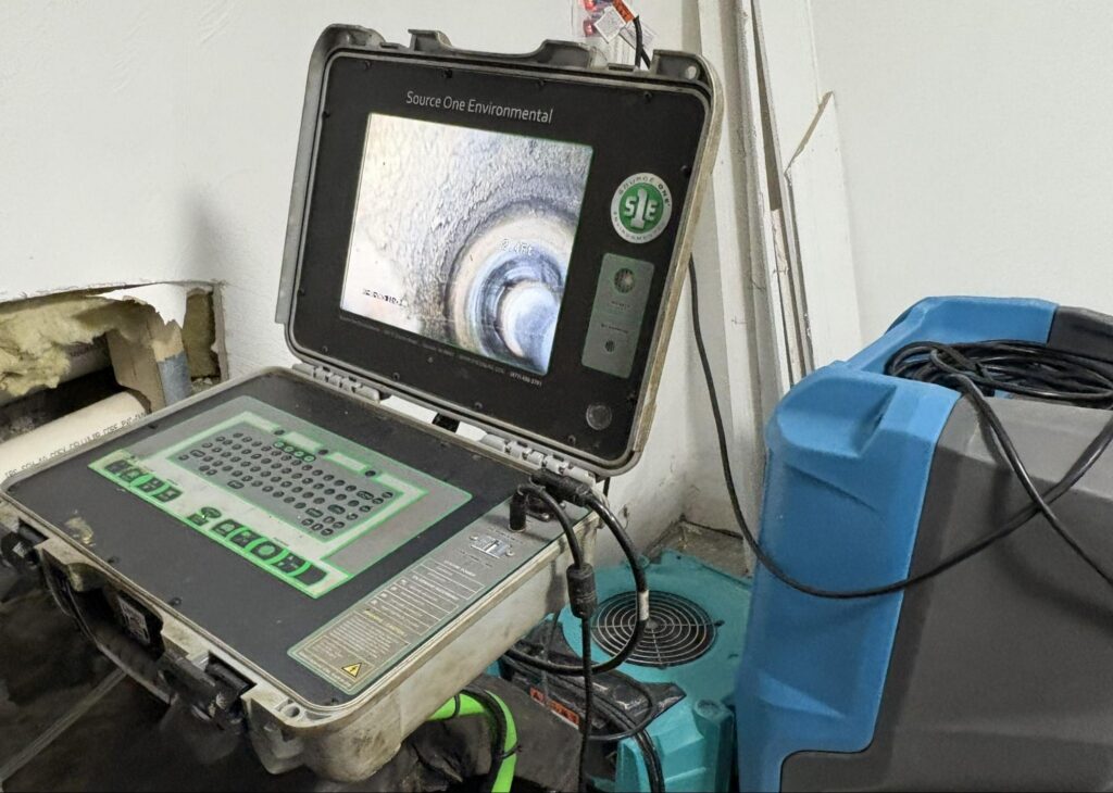 Sewer camera screen showing the inside of a Cambridge drain line before cleaning.