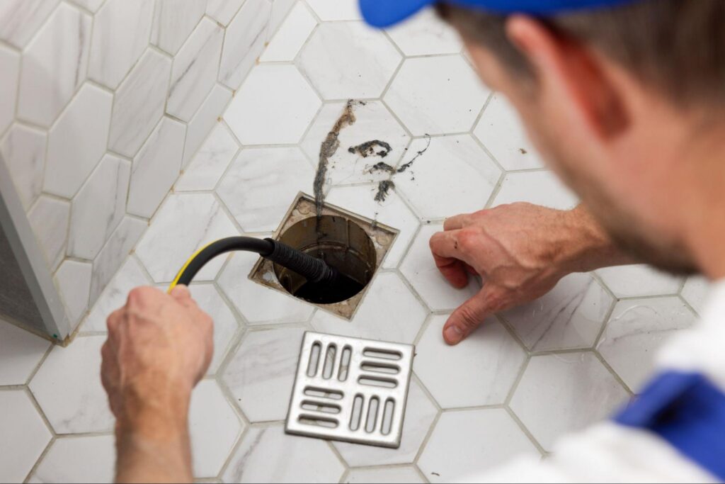 Technician snaking a clogged floor drain during a drain cleaning service in Newton, MA.