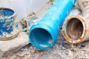 Corroded old iron pipe beside a new plastic replacement pipe at a work site.